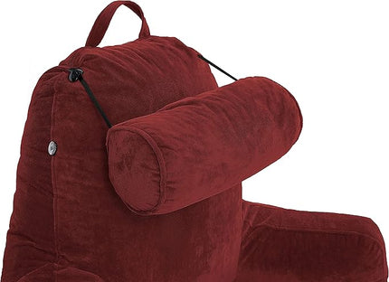 Husband Pillow XXL Maroon Backrest with Arms - Adult Reading Pillow with Shredded Memory Foam, Ultra-Comfy Removable Microplush Cover & Detachable Neck Roll, Unmatched Support Bed Rest Sit Up Pillow - LeafyLoom