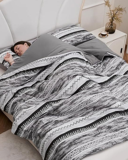 Striped Queen Size Comforter Set, Grey Black 3 PCS Microfiber Soft Lightweight Bedding Set - LeafyLoom