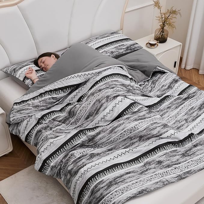 Striped Queen Size Comforter Set, Grey Black 3 PCS Microfiber Soft Lightweight Bedding Set - LeafyLoom