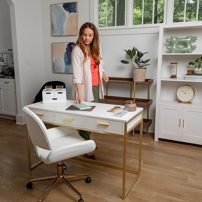 Martha Stewart Ollie Home Office Desk with 3 Drawers in White with Polished Brass Hardware - LeafyLoom
