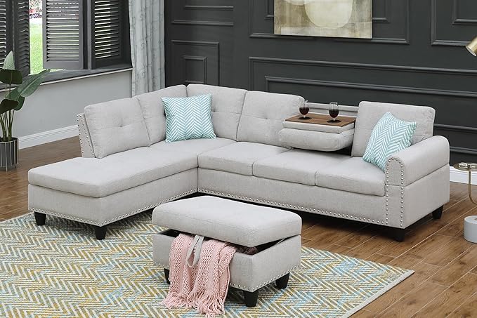 98" L-Shaped Sectional Couch with Storage Ottoman and Left Facing Chaise,Linen Upholstered Sofa with 2 Cup Holders and 2 Throw Pillows for Living Room,Light Gray - LeafyLoom