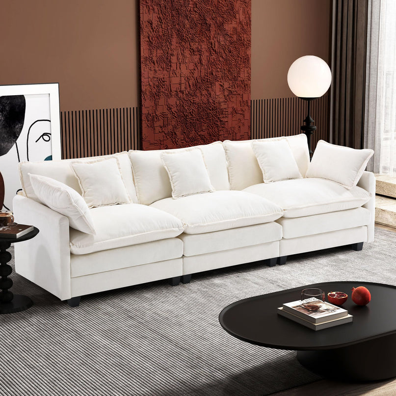 Ihanherry 111.4" L Shaped Modern Sofa Modular Sectional Cloud Couch with Ottoman, 4-Seat Chenille Deep Seat Sofa with Pillow for Living Room, Bedroom and Apartment, Beige LeafyLoom