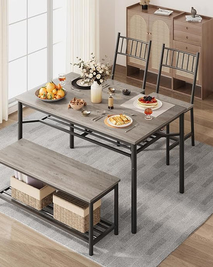 IDEALHOUSE Dining Table Set for 4, Kitchen Table and Chairs for 4 with Storage Bench, Rectangular Kitchen Table Set with Wine Rack, Dining Room Table Set for Small Space, Apartment, Retro Grey - LeafyLoom