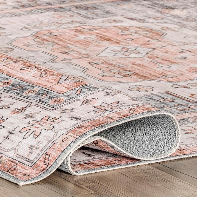 nuLOOM 4x6 Machine Washable Rain Haven Vintage Medallion Area Rug, Light Orange, Traditional Faded Design, Non-Slip Backing, Stain Resistant, For Bedroom, Dining Room, Living Room, Kitchen - LeafyLoom