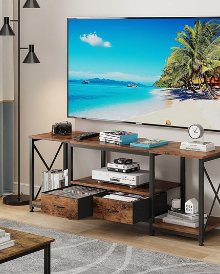 TV Stand with Fabric Drawers for 65 70 75 Inches TV - Entertainment Center and Industrial TV Console Table with Open Storage Shelves for Living Room, Bedroom - 63" Rustic Brown - LeafyLoom