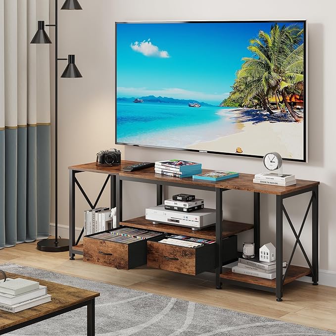 TV Stand with Fabric Drawers for 65 70 75 Inches TV - Entertainment Center and Industrial TV Console Table with Open Storage Shelves for Living Room, Bedroom - 63" Rustic Brown - LeafyLoom