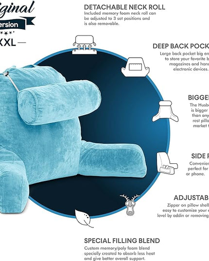 Husband Pillow XXL Carolina Blue Backrest with Arms, Adult Reading Pillow Shredded Memory Foam, Ultra-Comfy Removable Microplush Cover & Detachable Neck Roll, Unmatched Support Bed Rest Sit Up Pillow - LeafyLoom