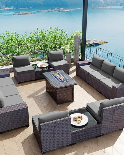 Kullavik 13 Pieces Outdoor Patio Furniture Set with 43" 55000BTU Gas Propane Fire Pit Table PE Wicker Rattan Sectional Sofa Patio Conversation Sets,Grey - LeafyLoom