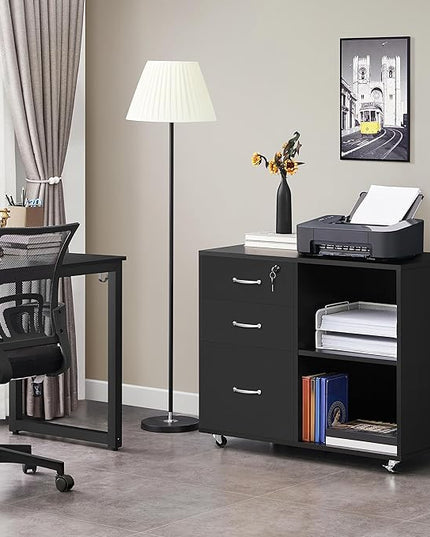 Yaheetech Black File Cabinet with Lock for Letter, A4 Size,3 Drawer Lateral Filing Cabinet Printer Stand with Open Storage Compartments,Mobile Filing Cabinet for Home Office, Black - LeafyLoom