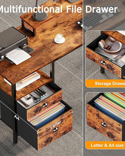 Furologee 66" L Shaped Computer Desk with Shelves, Reversible Corner Gaming Desk with File Drawer and Dual Monitor Stand, Large Home Office Desk Writing Study Table Workstation, Rustic Brown - LeafyLoom