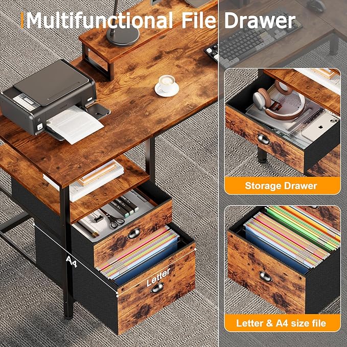 Furologee 66" L Shaped Computer Desk with Shelves, Reversible Corner Gaming Desk with File Drawer and Dual Monitor Stand, Large Home Office Desk Writing Study Table Workstation, Rustic Brown - LeafyLoom