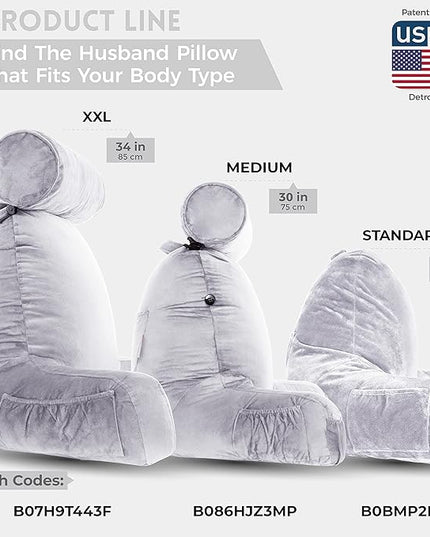 Husband Pillow XXL Light Grey Backrest with Arms - Adult Reading Pillow Shredded Memory Foam, Ultra-Comfy Removable Microplush Cover & Detachable Neck Roll, Unmatched Support Sit Up Bed Rest Chair - LeafyLoom