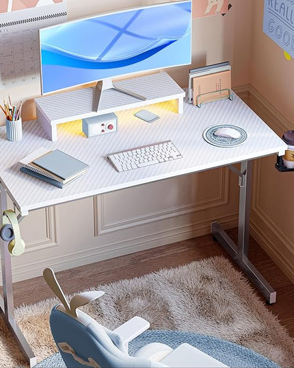 Bestier Small Gaming Desk with Monitor Stand, 42 inch LED Computer Desk, Gamer Workstation with Cup Holder & Headset Hooks, Modern Simple Style Desk for Home Office, Carbon Fiber White - LeafyLoom