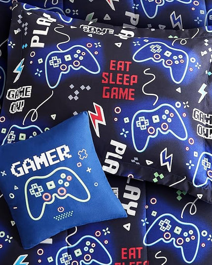 Kids Comforter Set Twin Size for Boys, Glow in The Dark Black Gamer Bedding Set Twin-1 Twin Comforter, 1 Decor Pillow, 1 Pillow Sham - LeafyLoom