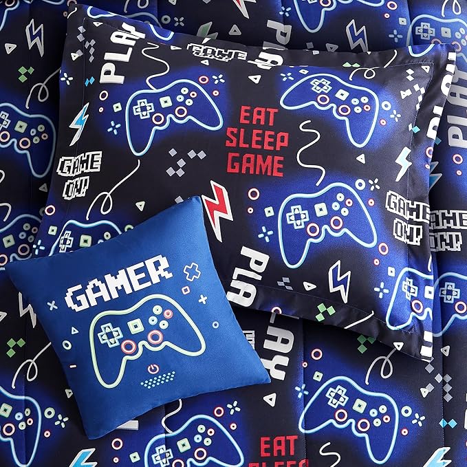 KALEIDOSPACE Kids Comforter Set Full Size for Boys, Glow in The Dark Gamer Bedding Set Full-1 Full Comforter, 1 Decor Pillow, 2 Pillow Shams - LeafyLoom