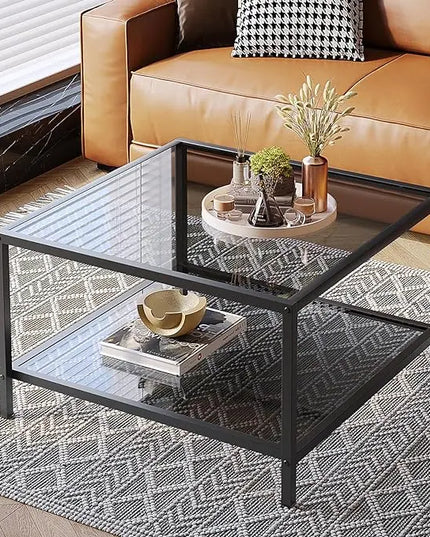 SAYGOER Modern Coffee Table Small Glass Coffee Table with Storage 2-Tier Simple Square Center Table for Living Room Home Office Sofa Table with Metal Frame 26.7 x 26.7 x 15.7 Inches, Gray Black - LeafyLoom