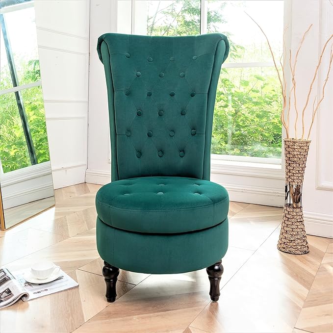 Royal High-Back Velvet Accent Chair for Vanity with Storage and Luxurious Upholstery, Retro Design and Versatile Usage for Living Room, Bedroom, Lounge and Office, Green - LeafyLoom