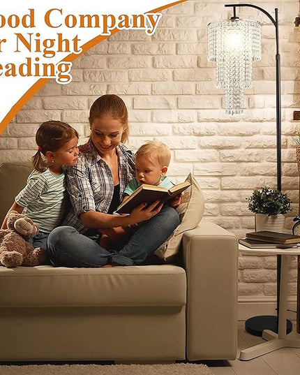 Arc Floor Lamp with Table Shelves Elegant Modern Crystal Floor Standing Lamps with Remote Control Dimmable LED Floor Lamp Crystal Shade with 10 Color Black Adjustable Tall Lamp For Living Room Bedroom - LeafyLoom
