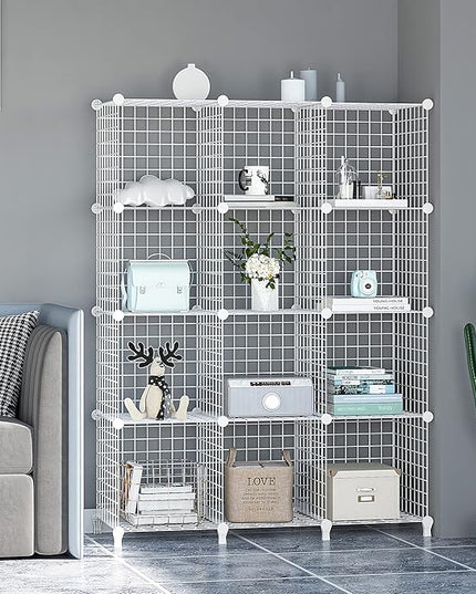 Wolizom Wire Cube Storage, Metal Grids Shelves Bookshelf, Stackable Modular Shelving Organizer, DIY Closet Bookcase Bookshelf, Grid Storage Shelf for Bedroom, Living Room, Office (White, 12 Cube) - LeafyLoom