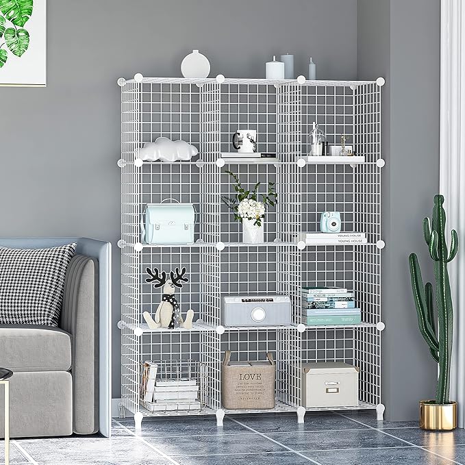 Wolizom Wire Cube Storage, Metal Grids Shelves Bookshelf, Stackable Modular Shelving Organizer, DIY Closet Bookcase Bookshelf, Grid Storage Shelf for Bedroom, Living Room, Office (White, 12 Cube) - LeafyLoom