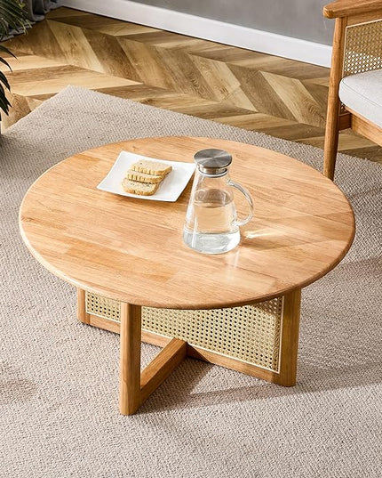 33.5" inch Round Coffee Table with Soild Wood Tabletop, Modern Coffee Table with Faux Rattan Weave & Solid Wood Bracket, for Living Room Bedroom - LeafyLoom