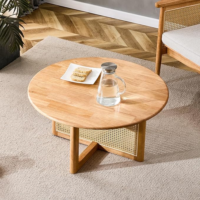 33.5" inch Round Coffee Table with Soild Wood Tabletop, Modern Coffee Table with Faux Rattan Weave & Solid Wood Bracket, for Living Room Bedroom - LeafyLoom