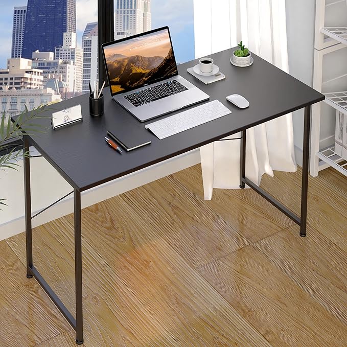 HealSmart Home Office Computer Desk, Modern Style Design with Headphone Hooks for Working, Writing and Gaming, 32 Inch, 47 Inches, Black - LeafyLoom