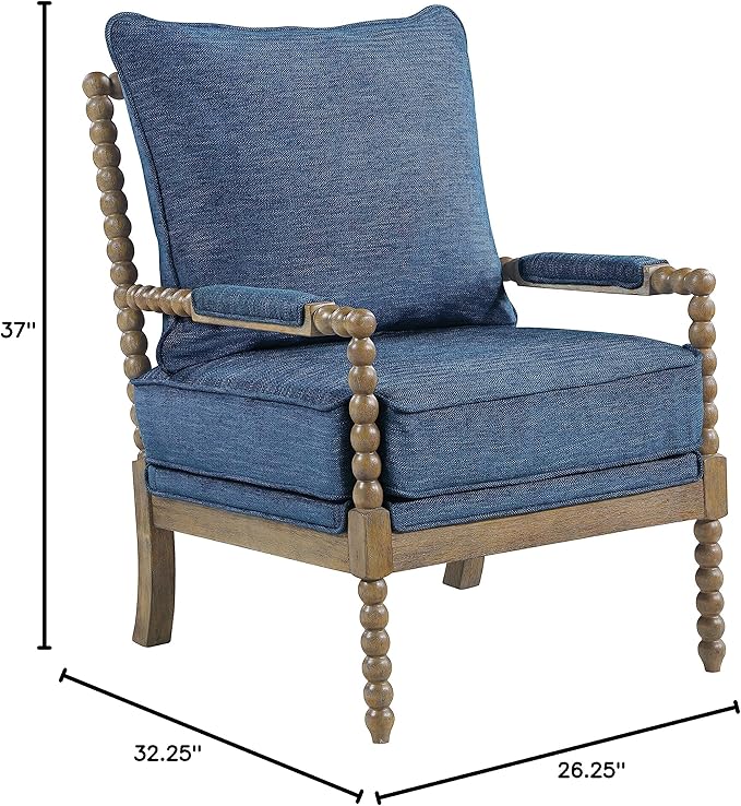 OSP Home Furnishings Fletcher Spindle Accent Chair with Rustic Brown Finish, Navy Blue Upholstery - LeafyLoom