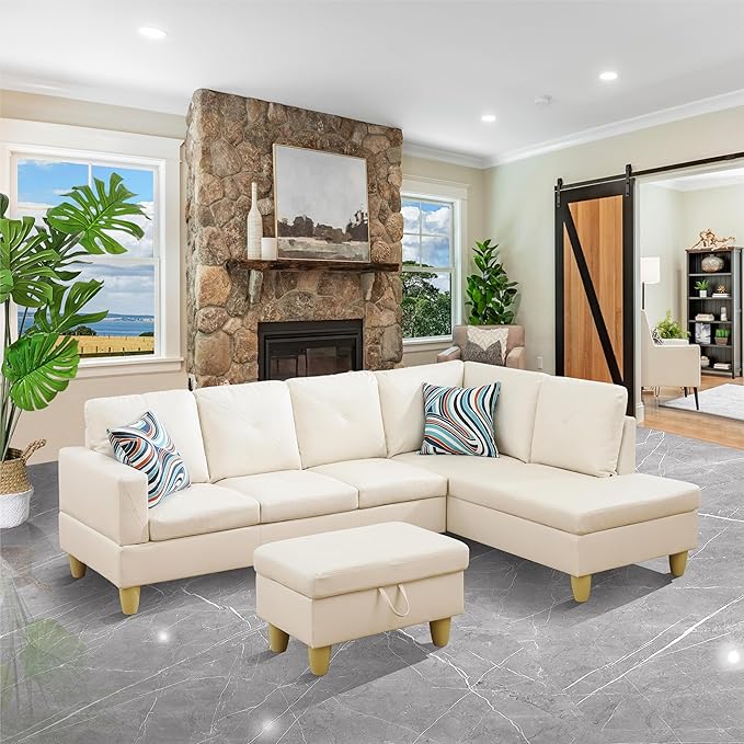L-Shaped Sectional Couches with 66.5'' Chaise Lounge & Storage Ottoman Modular Room Sofas for Home Office Apartment, Large Living Furniture, 97'' Right Hand Facing, White Faux Leather - LeafyLoom