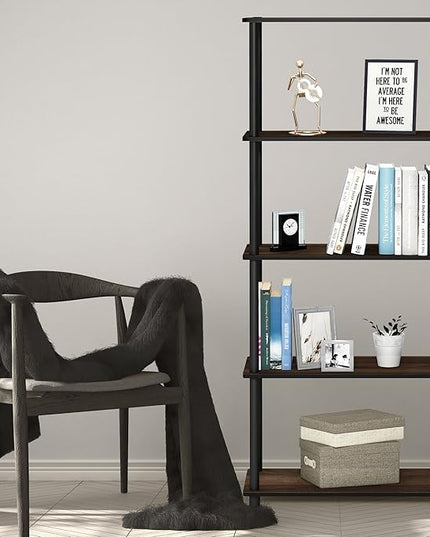 Furinno Turn-N-Tube 5-Tier Multipurpose Shelf / Display Rack / Storage Shelf / Bookshelf, Round Tubes, Columbia Walnut/Black - LeafyLoom