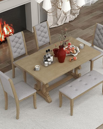 Solid Wood, Kitchen Dining, 6-Piece Retro Dinette Set with Unique-Designed Table Legs and Foam-Covered Seat Backs & Cushions for Living Room, Gray Wash - LeafyLoom