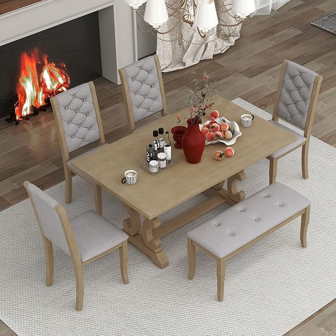 Solid Wood, Kitchen Dining, 6-Piece Retro Dinette Set with Unique-Designed Table Legs and Foam-Covered Seat Backs & Cushions for Living Room, Gray Wash - LeafyLoom