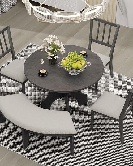 Retro 5 Piece Set with 44" Round Table with 1 Curved Bench & 3 Chairs, Rubber Wood, Easy Assembly and Clean, for Dining Room, Kitchen, Small Spcae, Grey 33 - LeafyLoom