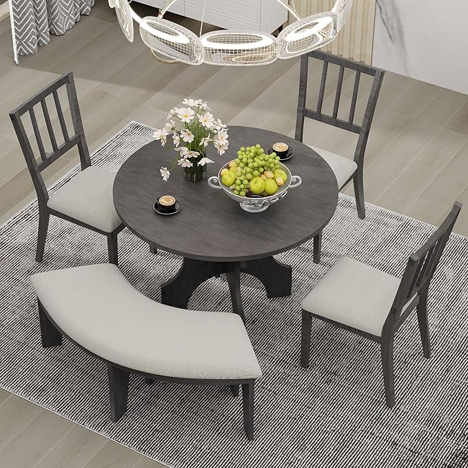 Retro 5 Piece Set with 44" Round Table with 1 Curved Bench & 3 Chairs, Rubber Wood, Easy Assembly and Clean, for Dining Room, Kitchen, Small Spcae, Grey 33 - LeafyLoom