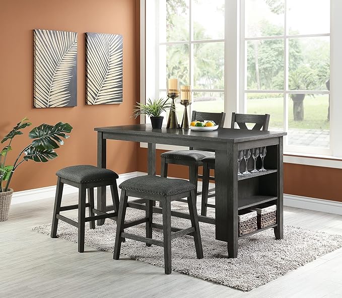 NicBex 60Inch Rectangular Dining Table,Counter Height Kitchen Table with Solid Wood Tabletop and Storage Shelves for 4 to 6,Dining Room Table for Kitchen,Small Space,Dining Living Room,Easy Clean,Gray - LeafyLoom