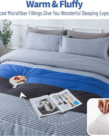 Andency Stripe Blue Comforter Set King Size, 3 Pieces Gray and Blue Patchwork Striped Comforter(104x90 Inch), Soft Microfiber Down Alternative Comforter Bedding Set with Corner Loops - LeafyLoom