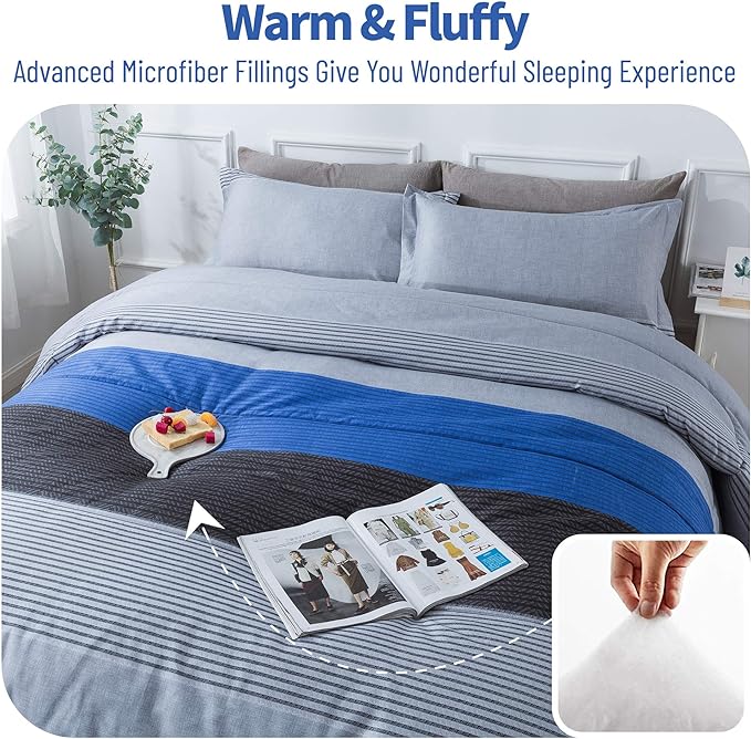 Andency Stripe Comforter Set Queen Size (90x90 Inch), 3 Pieces Gray and Blue Patchwork Striped Comforter, Soft Microfiber Down Alternative Comforter Bedding Set with Corner Loops - LeafyLoom