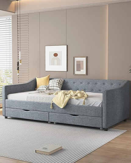 Twin Daybed Frame with 2 Storage Drawers,Upholstered Sofa Bed W/Button & Nailhead Tufted Design,Wood Slats Support,Linen Fabric Bedframe for Living Room Bedroom Apartment,Light Gray - LeafyLoom