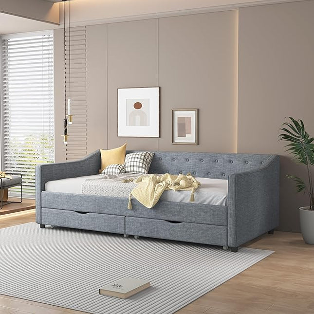 Twin Size Upholstered Daybed with Button Tufted Back and Waved Shape Arms,Elegant Wood Storage Sofa Bed w/Two Drawers,Slat Support,for Apartment,Bedroom,Light Grey - LeafyLoom