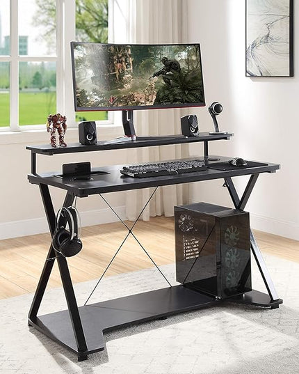 OSP Home Furnishings Checkpoint Ghost Battlestation Gaming Desk with RGB LED Lights, Black - LeafyLoom