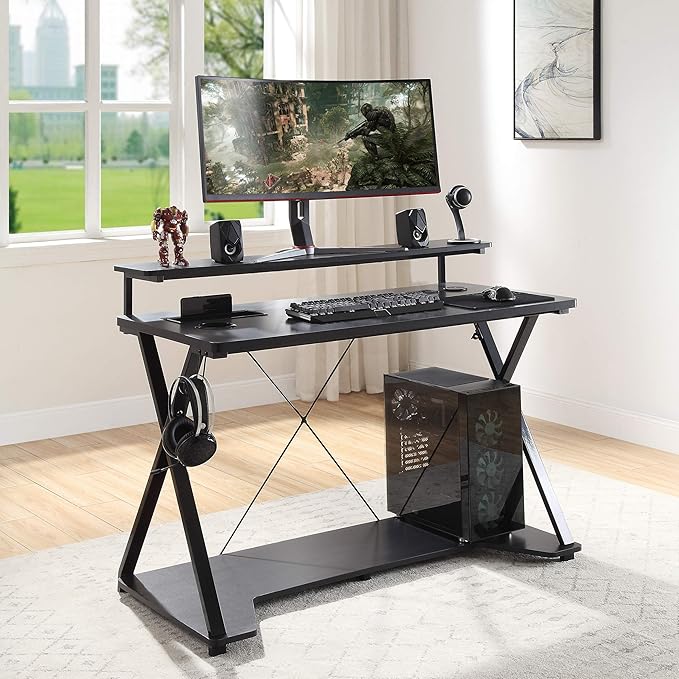 OSP Home Furnishings Checkpoint Ghost Battlestation Gaming Desk with RGB LED Lights, Black - LeafyLoom