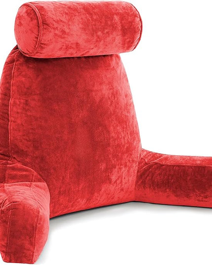 Husband Pillow XXL Red Backrest with Arms - Adult Reading Pillow with Shredded Memory Foam, Ultra-Comfy Removable Microplush Cover & Detachable Neck Roll, Unmatched Support for Bed Rest Sit Up Pillow - LeafyLoom