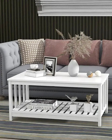 TaoHFE White Modern Coffee Table with Storage Shelf 2-Tier Living Room Table Rectangular Center Table 40 Inch Wooden Coffee Tables for Living Room Furniture for Living Room, Meeting Room, Office - LeafyLoom