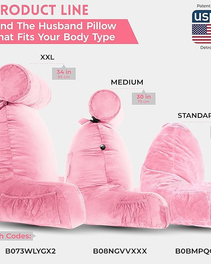 Husband Pillow XXL Pink Backrest with Arms, Adult Reading Pillow with Shredded Memory Foam, Ultra-Comfy Removable Microplush Cover & Detachable Neck Roll, Unmatched Support for Bed Rest Sit Up Pillow - LeafyLoom