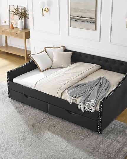 Full Size Daybed with Two Storage Drawers, Linen Upholstered Tufted Sofa Bed w/Button on Back and Copper Nail on Waved Shape Arms, for Bedroom Living Room, No Box Spring Needed, Black - LeafyLoom