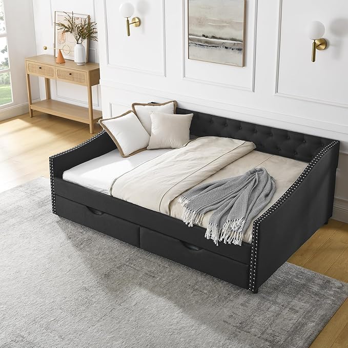Full Size Daybed with Two Storage Drawers, Linen Upholstered Tufted Sofa Bed w/Button on Back and Copper Nail on Waved Shape Arms, for Bedroom Living Room, No Box Spring Needed, Black - LeafyLoom