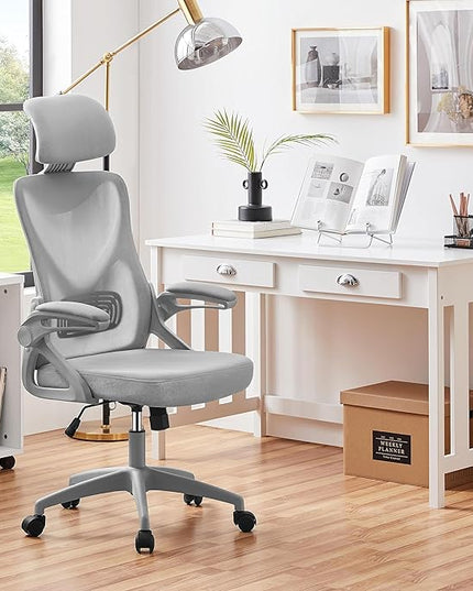 Yaheetech Ergonomic Mesh Office Chair, High Back Desk Chair with with flip-up Armrests, Adjustable Padded Headrest Computer Chair with Lumbar Support for Home Oiffce Game Room, Full Gray - LeafyLoom