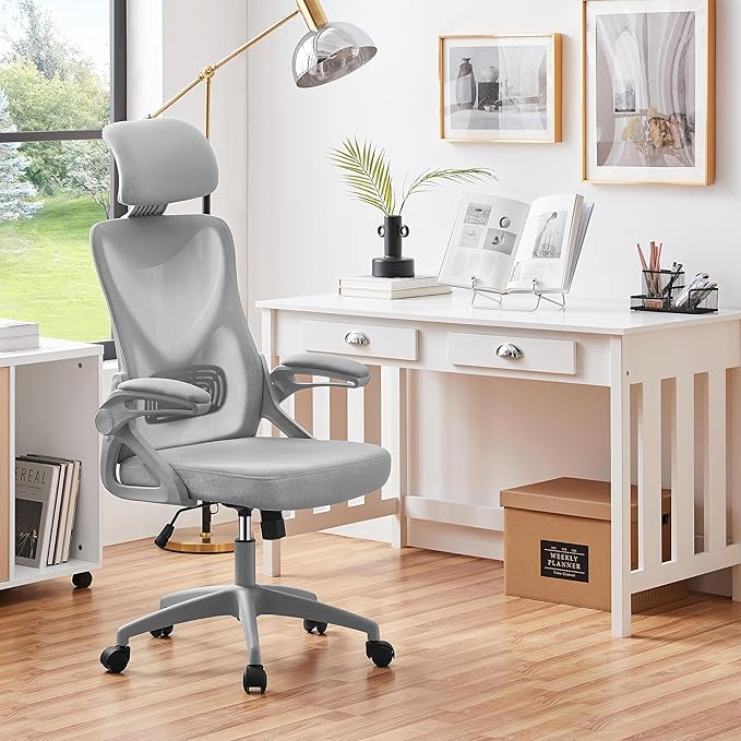 Yaheetech Ergonomic Mesh Office Chair, High Back Desk Chair with with flip-up Armrests, Adjustable Padded Headrest Computer Chair with Lumbar Support for Home Oiffce Game Room, Full Gray - LeafyLoom