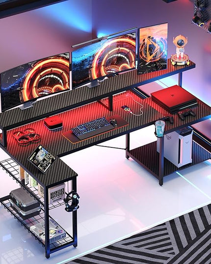 Bestier Gaming Desk with Power Outlets, 71.5 LED Computer Desk with Long Monitor Stand, Large L Shaped Corner Desk with Storage Shelf, Cup Holder Headset Hooks, Cool Desk for Gaming Room, Black - LeafyLoom