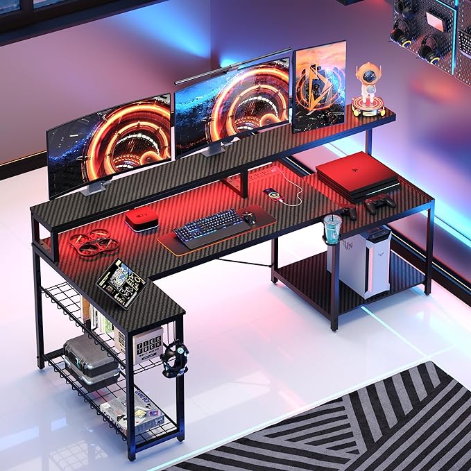 Bestier Gaming Desk with Power Outlets, 71.5 LED Computer Desk with Long Monitor Stand, Large L Shaped Corner Desk with Storage Shelf, Cup Holder Headset Hooks, Cool Desk for Gaming Room, Black - LeafyLoom